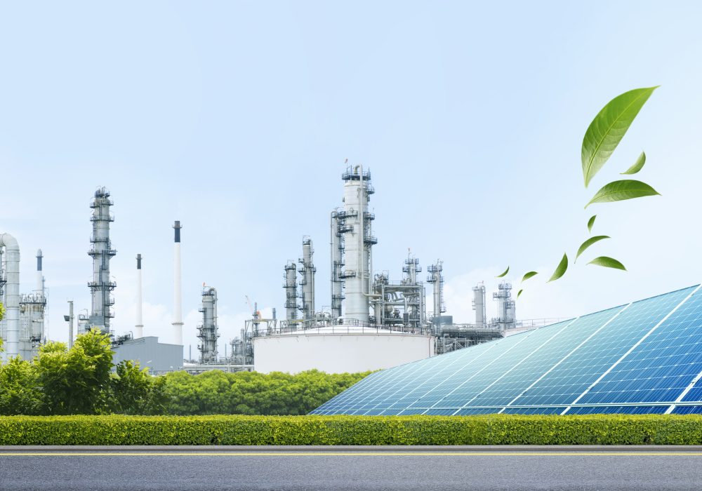 Transportation with Renewable energy. Solar panels and Oil refinery plant in industry zone, large Oil and gas petrochemical industrial, Ecosystem and good environment.